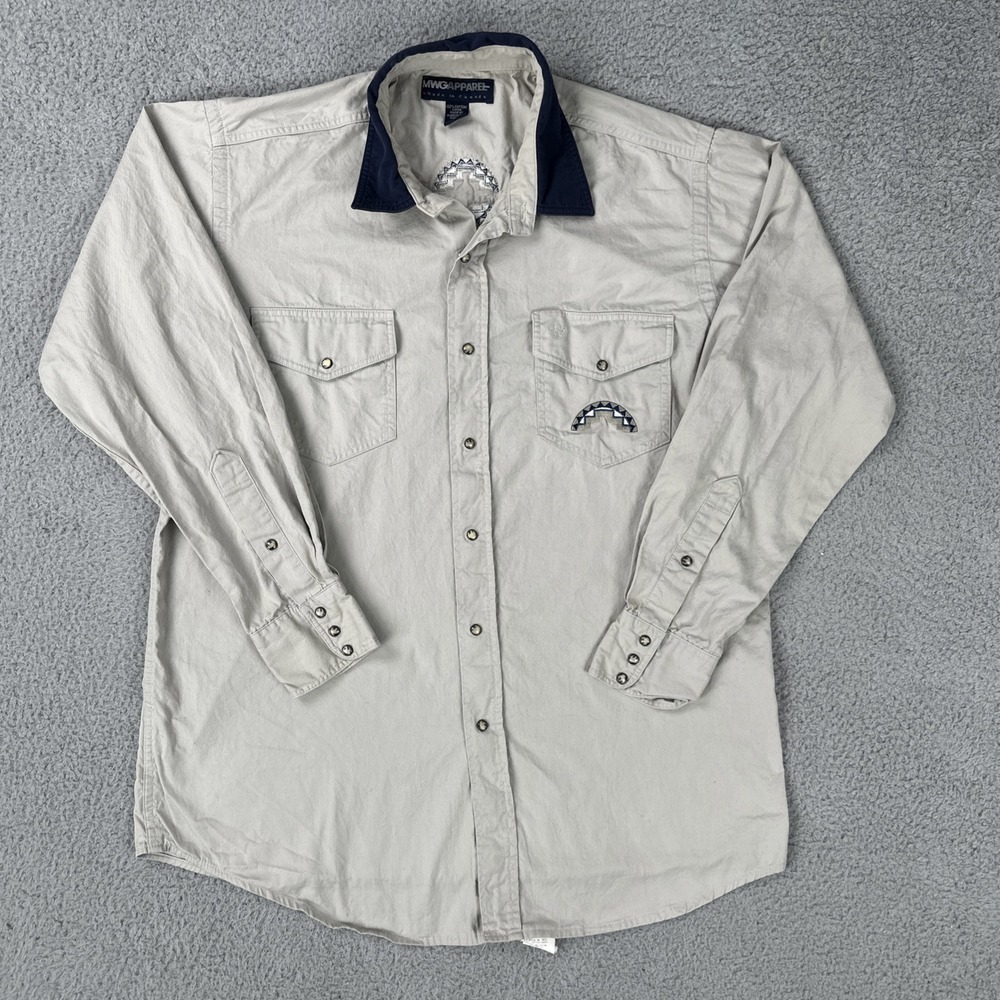 Vtg MWG Pearl Snap Dreamcatcher Embroidered Shirt Men Large Beige Canada Made